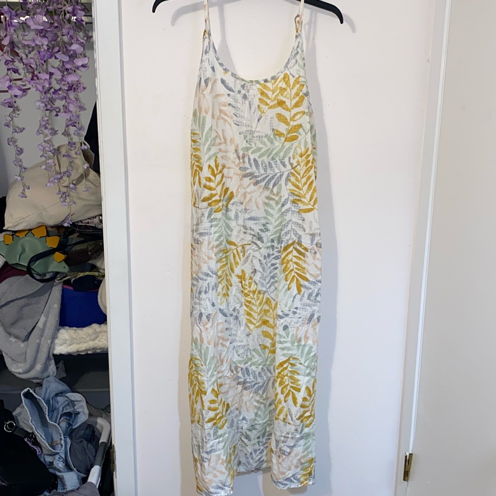 L/XL maxi dress with leaves printed all over in grey, pink, green, and yellow
